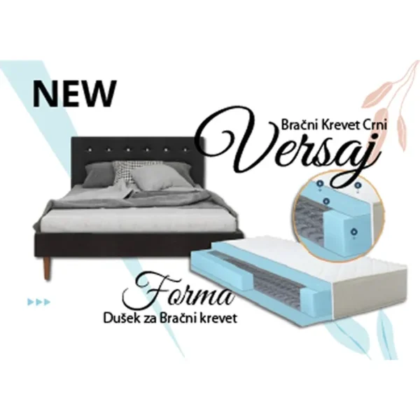 Versaj Bračni Krevet 216X164X108 cm - Crni + Forma Dušek za Bračni krevet 160x200 cm